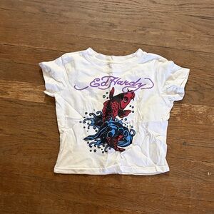 Ed Hardy White Crop Tee with Red Koi and Blue Wave